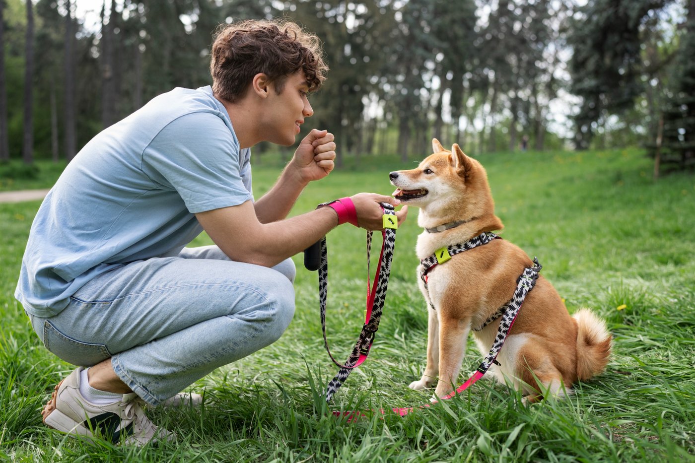 A dog learning to sit with positive reinforcement