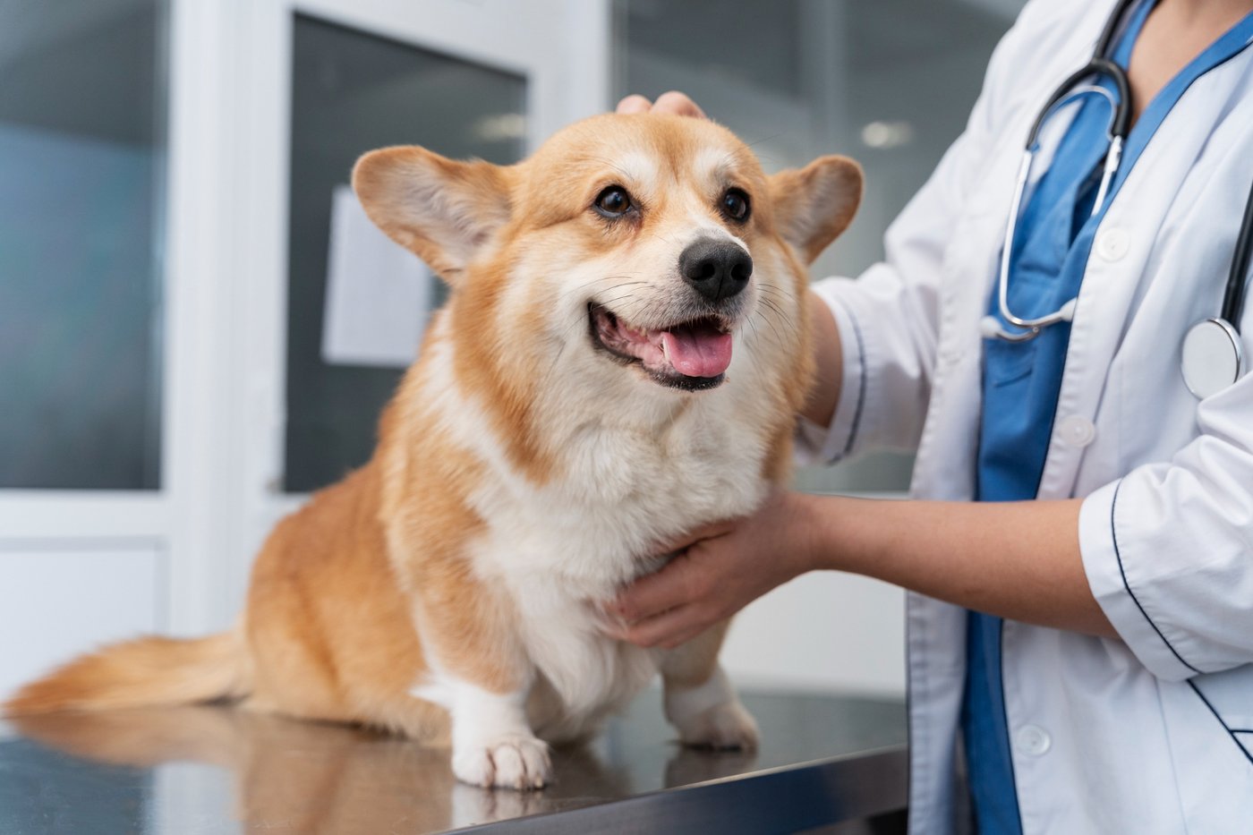 A dog at a veterinary wellness exam, content and well cared for